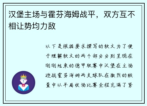 汉堡主场与霍芬海姆战平，双方互不相让势均力敌
