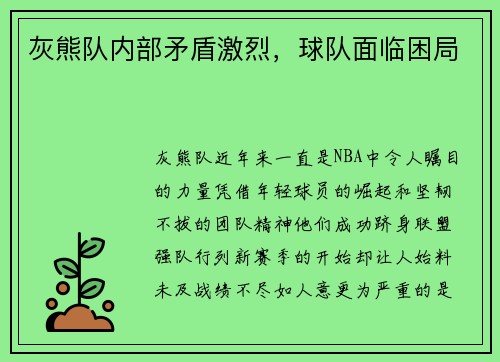 灰熊队内部矛盾激烈，球队面临困局